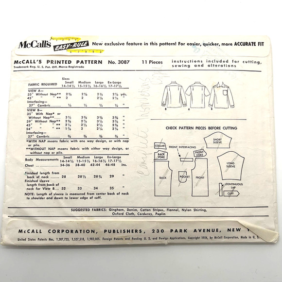 McCalls Vintage 1950's Pattern #3807 Men's Sport Shirt Size S 14-14.5 HTF RARE - Picture 6 of 6